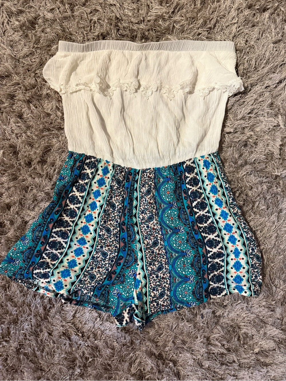 Strapless Romper with Blue Teal Paisley Skirted Shorts